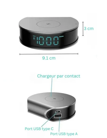 Caméra espion Wifi intégrée dans Réveil / Chargeur à induction
